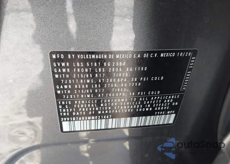 2021 Volkswagen Tiguan 2.0T S из США, поврежденный, VIN 3VV1B7AX3MM021447